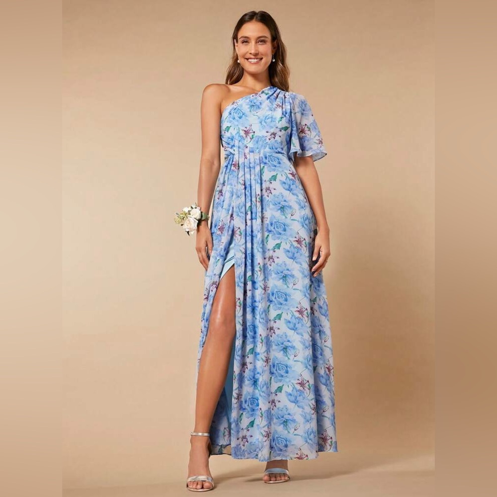 Floral Blue One-Shoulder Dress Maxi Dress